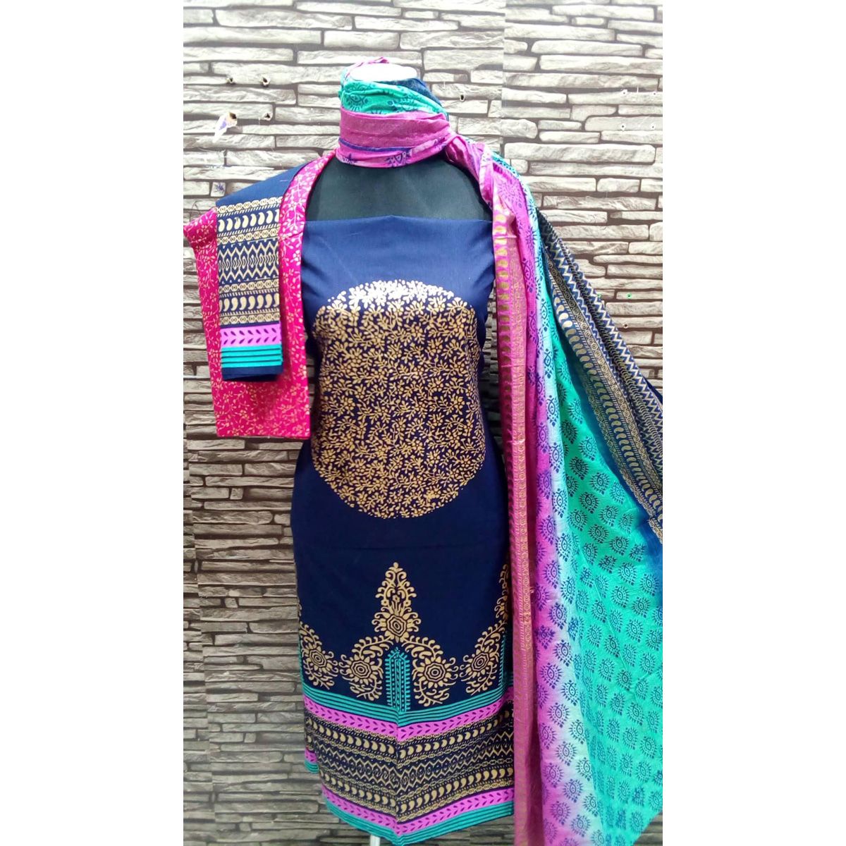 Unstitched Navy Blue Color Cotton screen Printed Salwar Kameez for Women