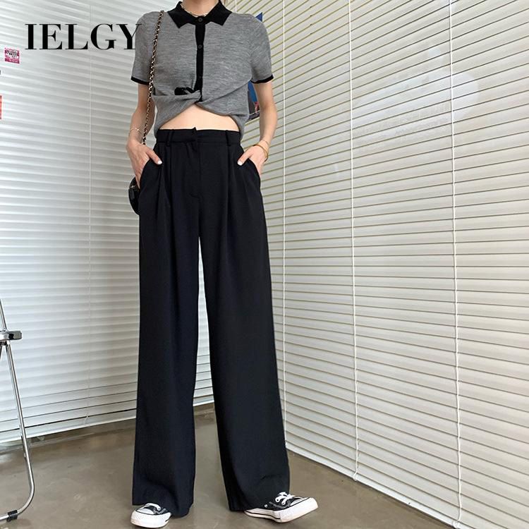 IELGY High waist Black Long All-match Fashion Solid color Loose Women's pants Suit Casual