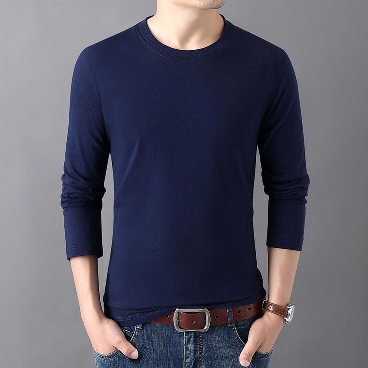 Men's Long Sleeve Cotton T-Shirt Male Autumn O-Neck Slim Fit Solid Color T Shirts Tops Plus Size S-6XL