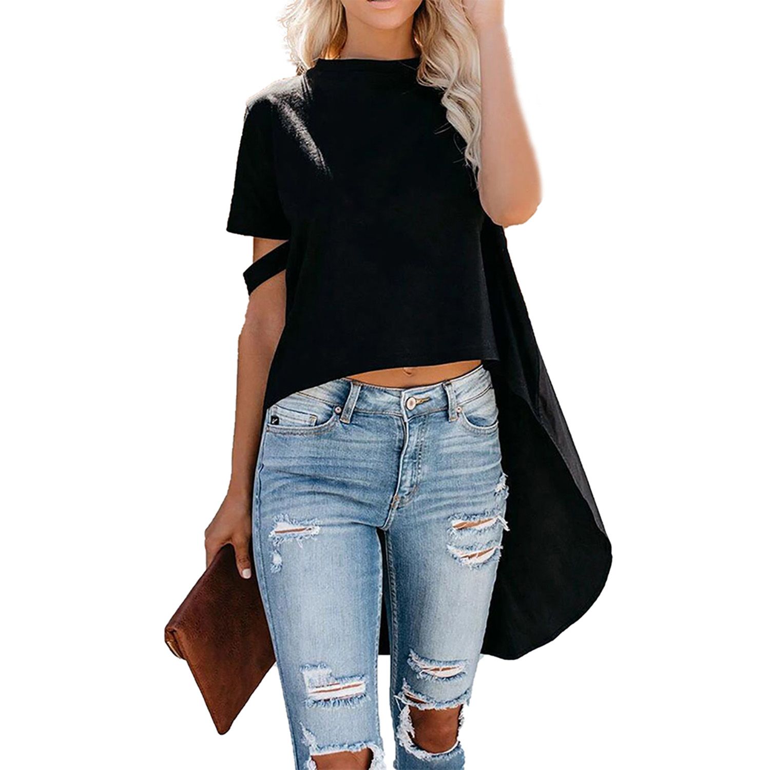 New Female Loose T-Shirt, Solid Color Round Neck Short Sleeve T-Shirt Women’ s Tops, Black