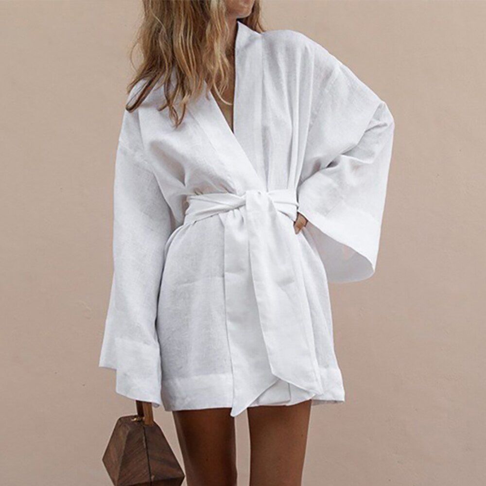 Lace Up Women's V-Neck Kimono Cardigan Mini Dress Cotton Linen Long Sleeve Sashes Dresse Robe Style Summer Loose Vestidos
