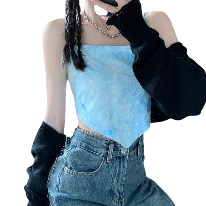 Women Floral Crop Cami Tops, Casual Sleeveless Spaghetti Strap Hanky Hem Camisole