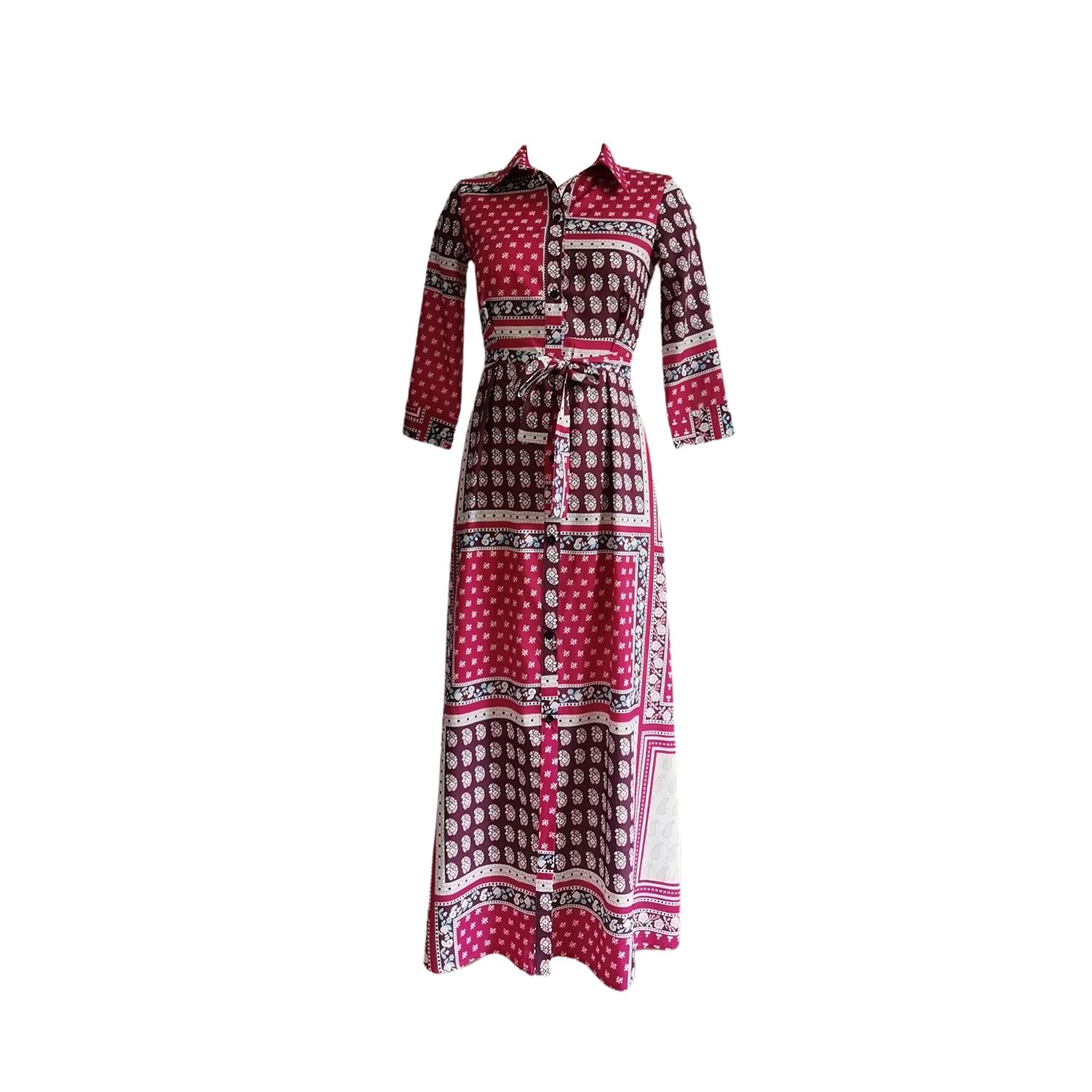 2021 Women Elegant Printed Long Dress, Lapel V Neck 3/4 Sleeve Digital Printing Pattern High Waist Front