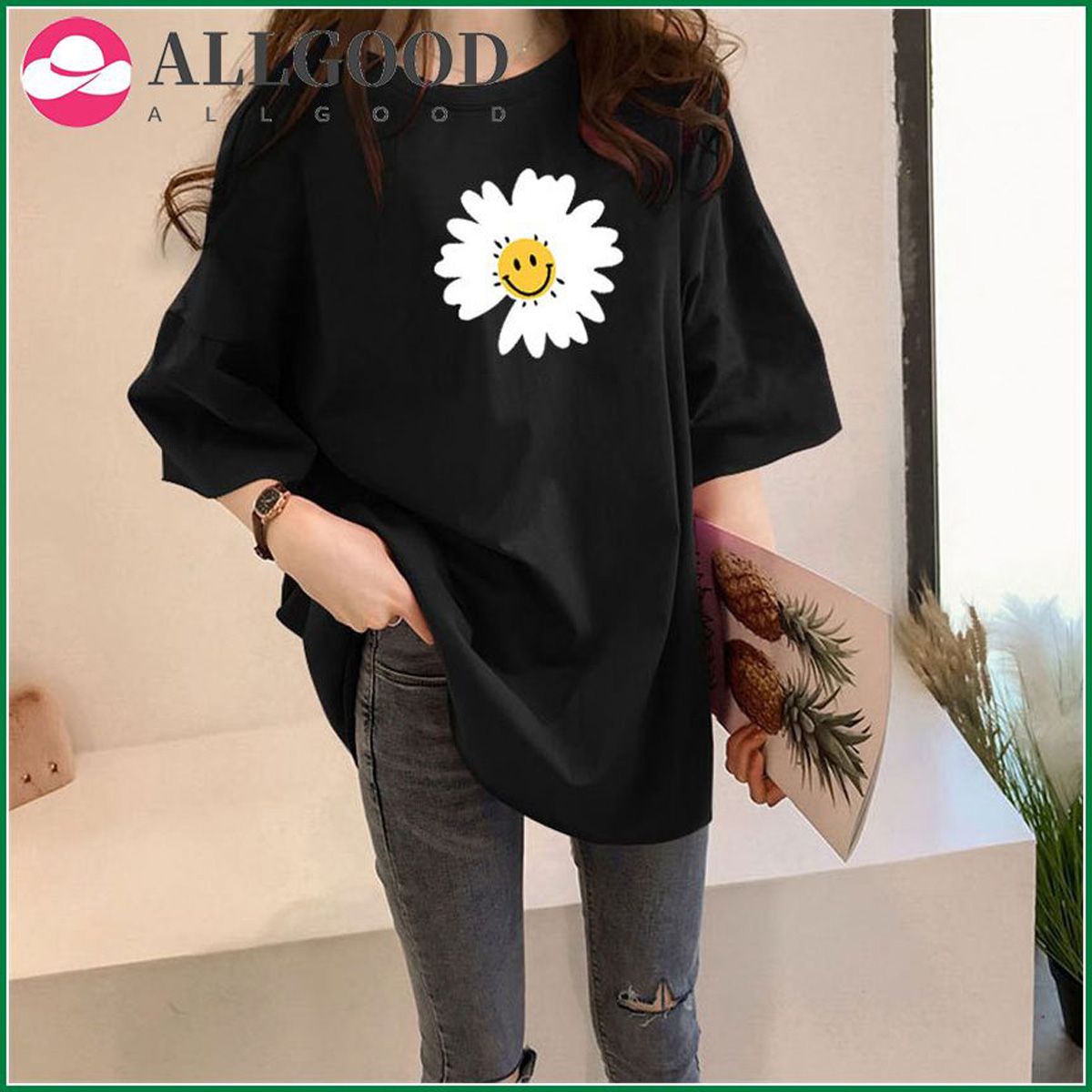 Summer Spring New Fashion Daisy Print T-shirt Black Purple Women Half Sleeve Mid Length Loose Tops O Neck Casual Overiszed Tees