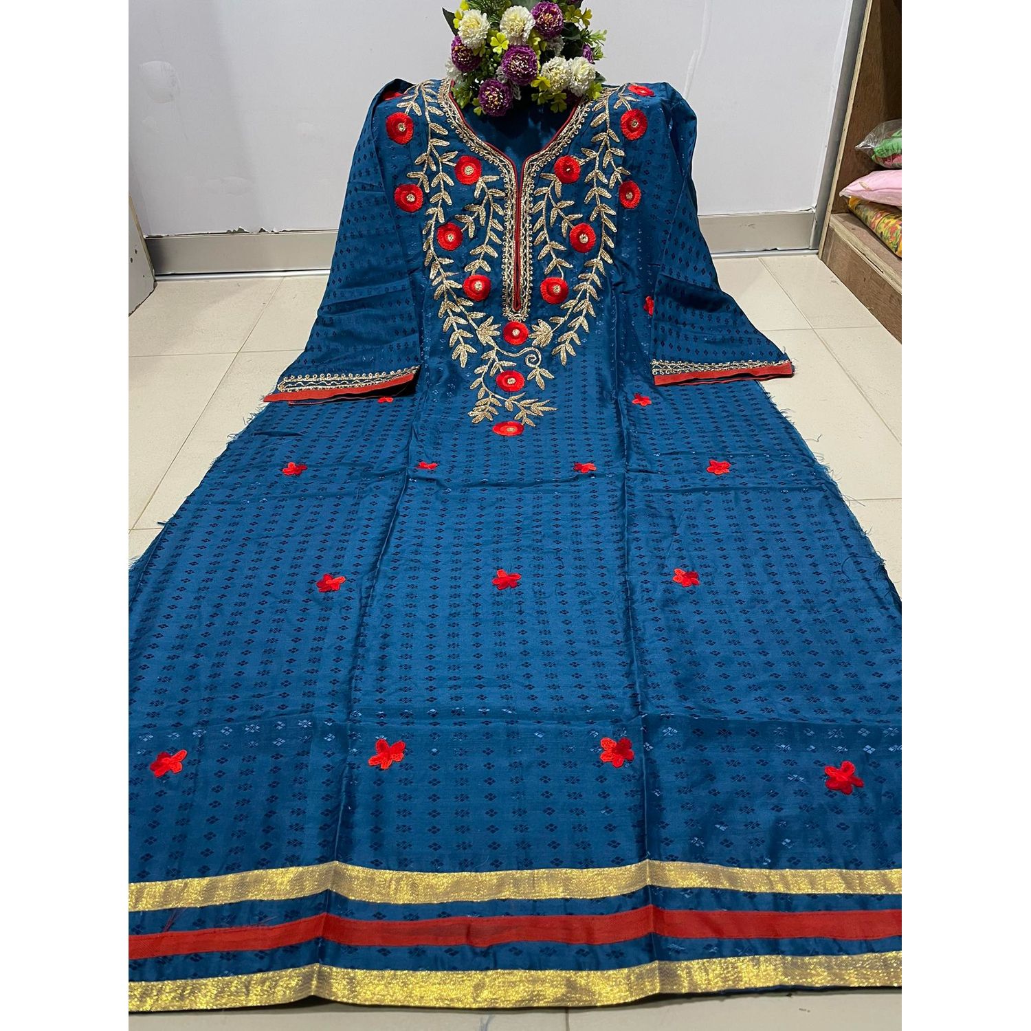 Women's Rayon Cot Embroidery & Ari Work Long Dress ( Free Size) Kameez only