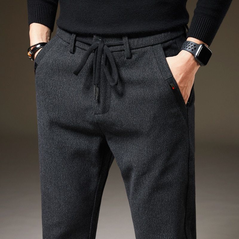Winter Men's Warm Casual Pants Fashion Brushed Fabric Thick Fleece Brand Slim Office Pants Male Navy Black 38