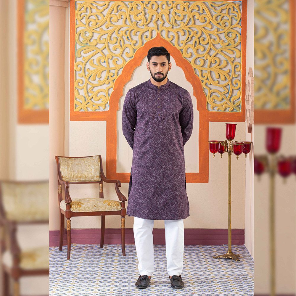 Demand Floral Printed Dark Maroon Cotton Slim Fitted  Panjabi