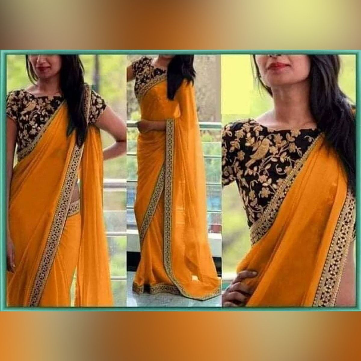 NEW COLLECTION INDIAN WEIGHTLESS COURGETTE SAREE BASANTI COLOR . HIGH QUALITY EMBROIDERY WORK ON BLOUSE