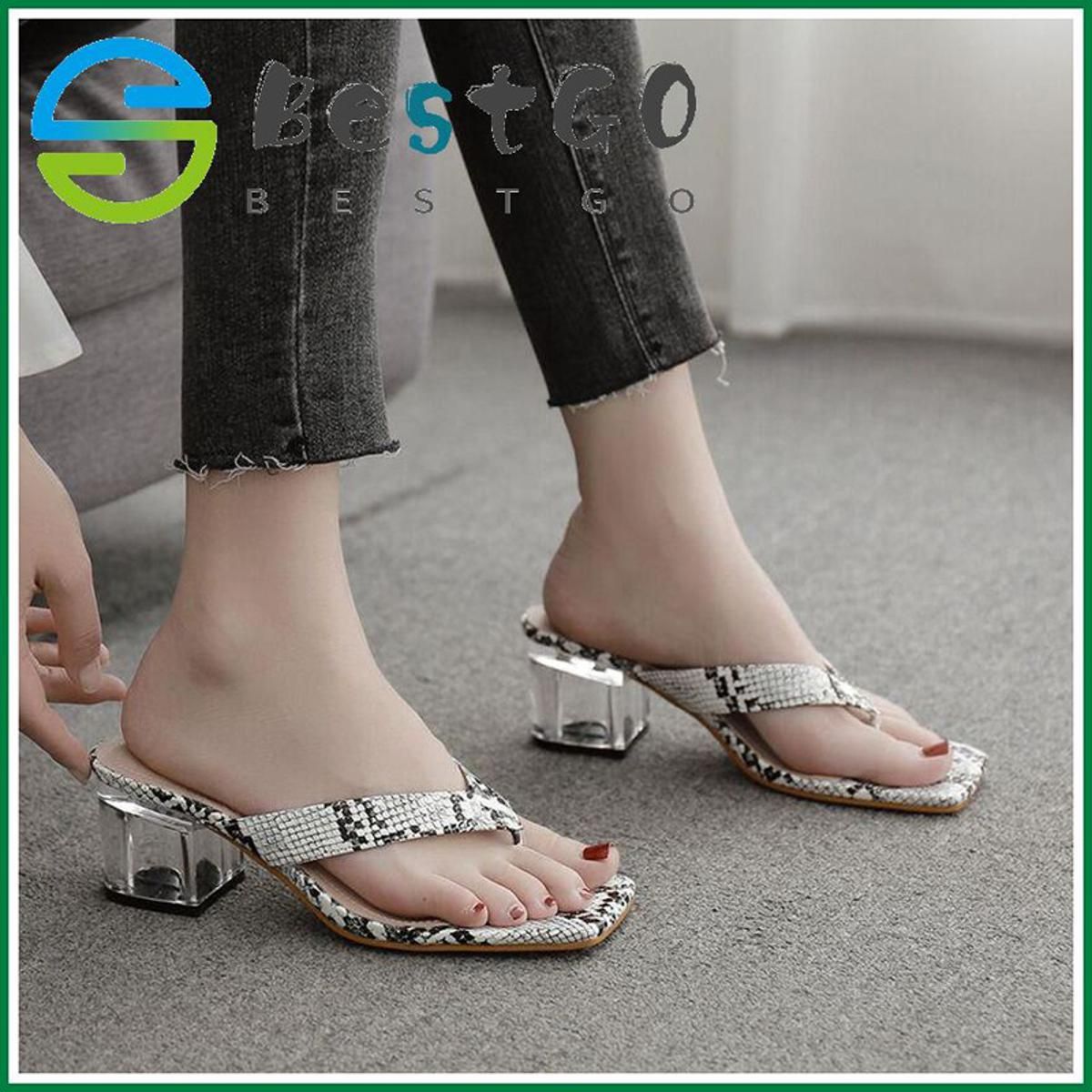 New Fashion 2.17 inches High Heels Sandals Shoes for Women Snake Mules Pumps Ladies Transparent Heel High Heeled Sandals Woman Casual Shoes Size 35-40