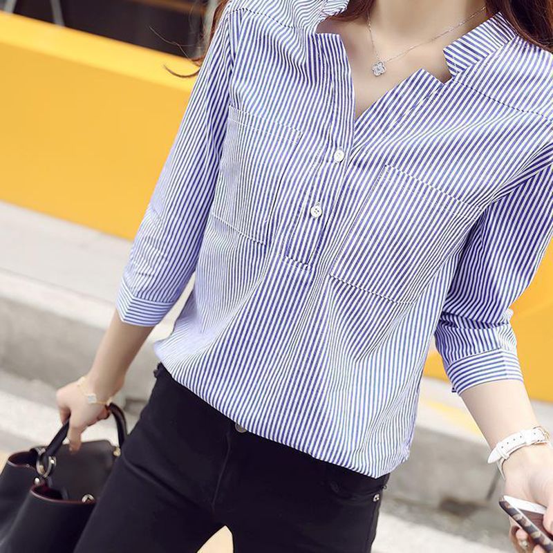 Korean Fashion Plus Size Women's Spring Small V Collar Loose Top T-Shirt Classic Vertical Striped Skinny Vertical Collar Jumper