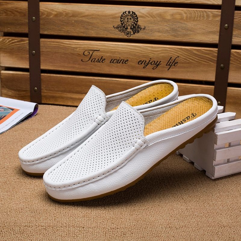 Susugrace Hot Men's Leather Loafers Summer Breathable Casual Flats Mules Black We Lightweight Men Driving Shoes Big Size
