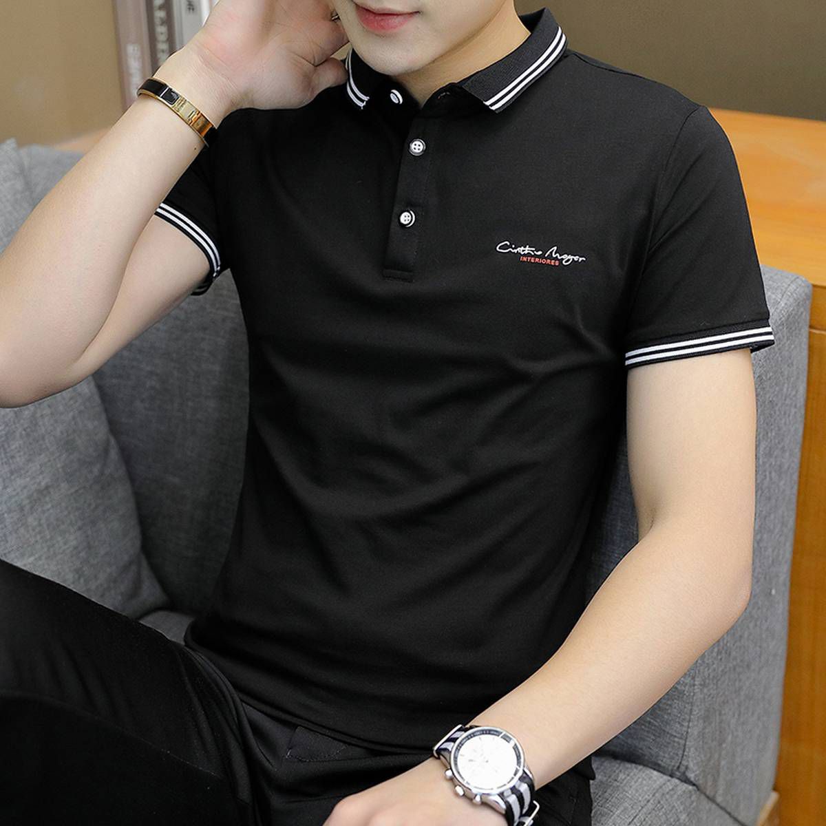 Black Color Stylish Short Sleeve Print Polo Shirt for men
