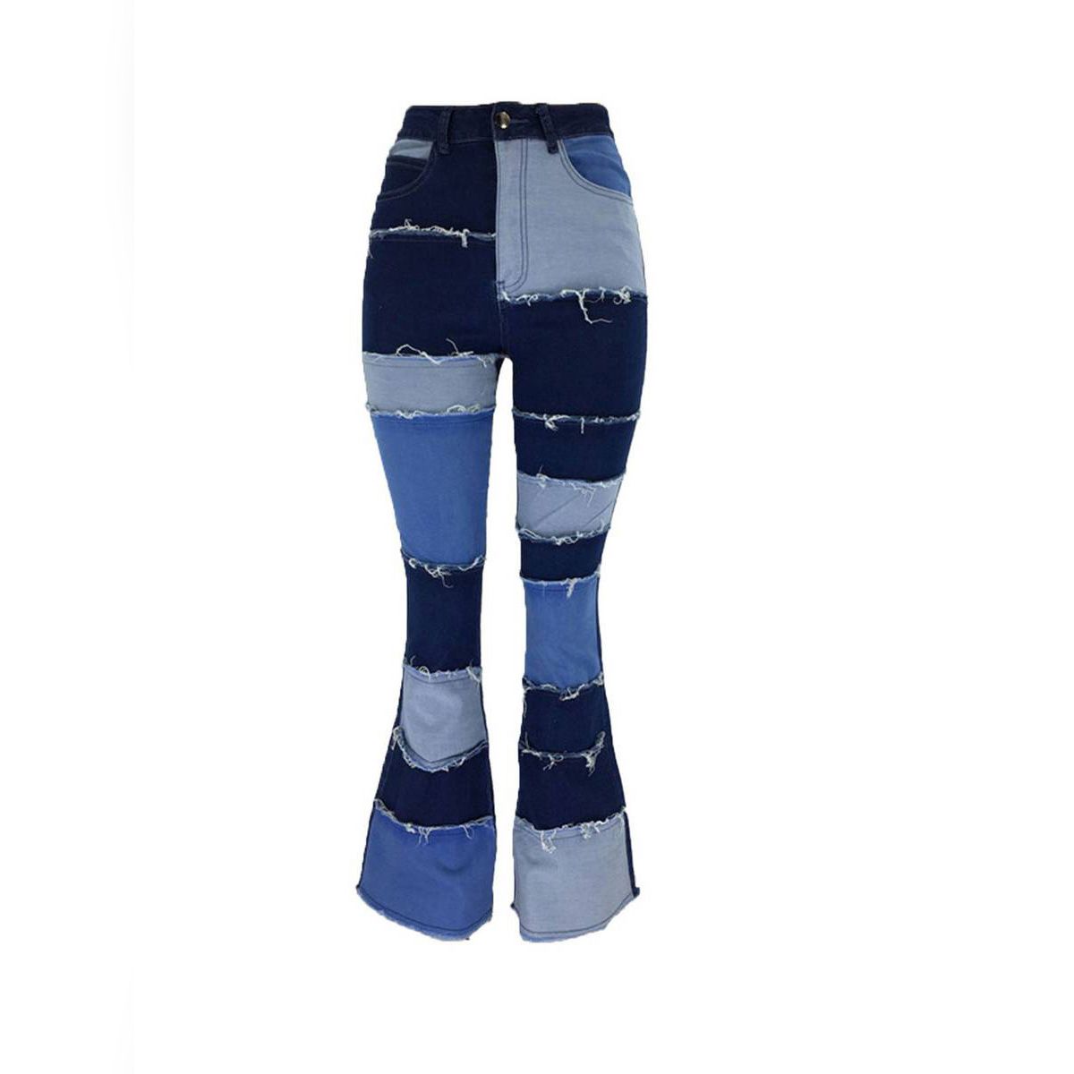 Women Flare Jeans, High Waist Slim Fit Patchwork Bell Bottom Raw Hem Denim Pants