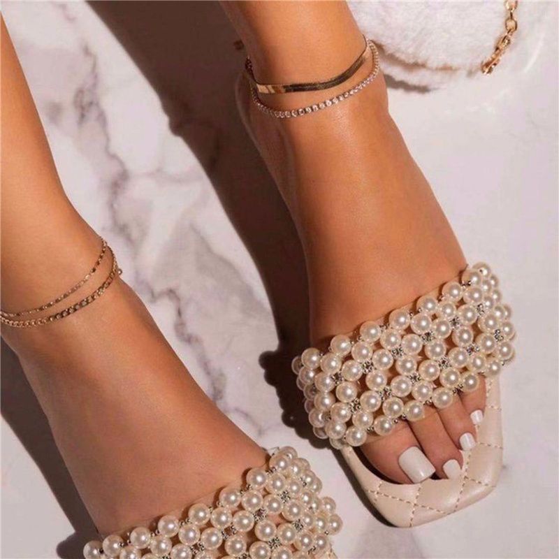 NEW fashion Women Pearl Beach Shoes Flat Sandals String Bead Slippers Flip Flops Toe Shoes