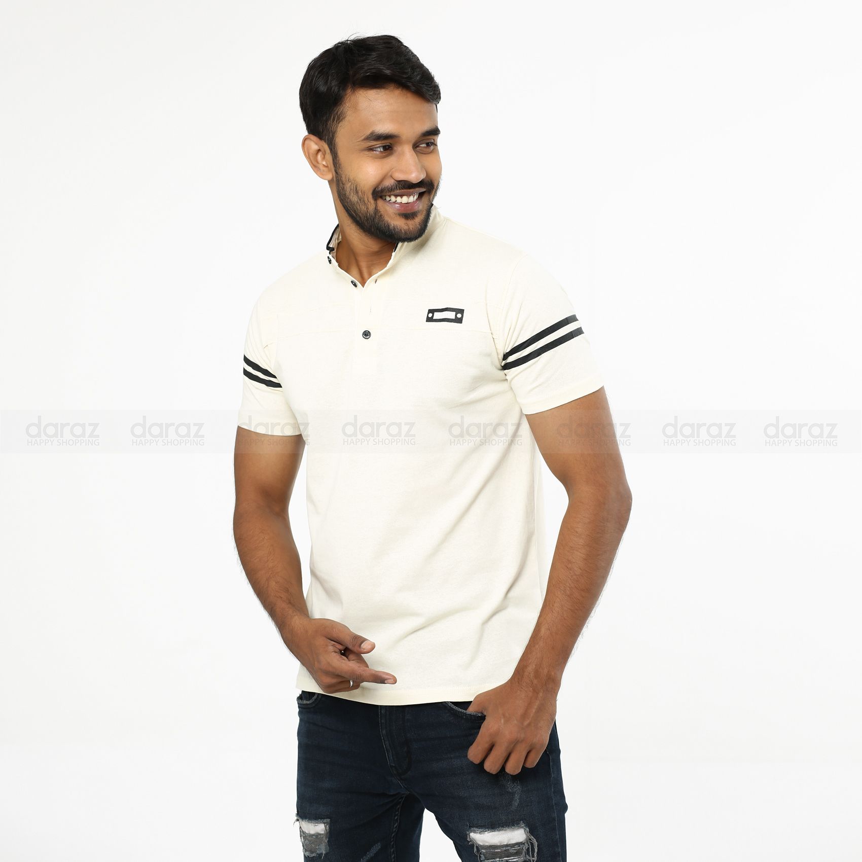 Band Collar Grey color Short Sleeve Polo Shirt
