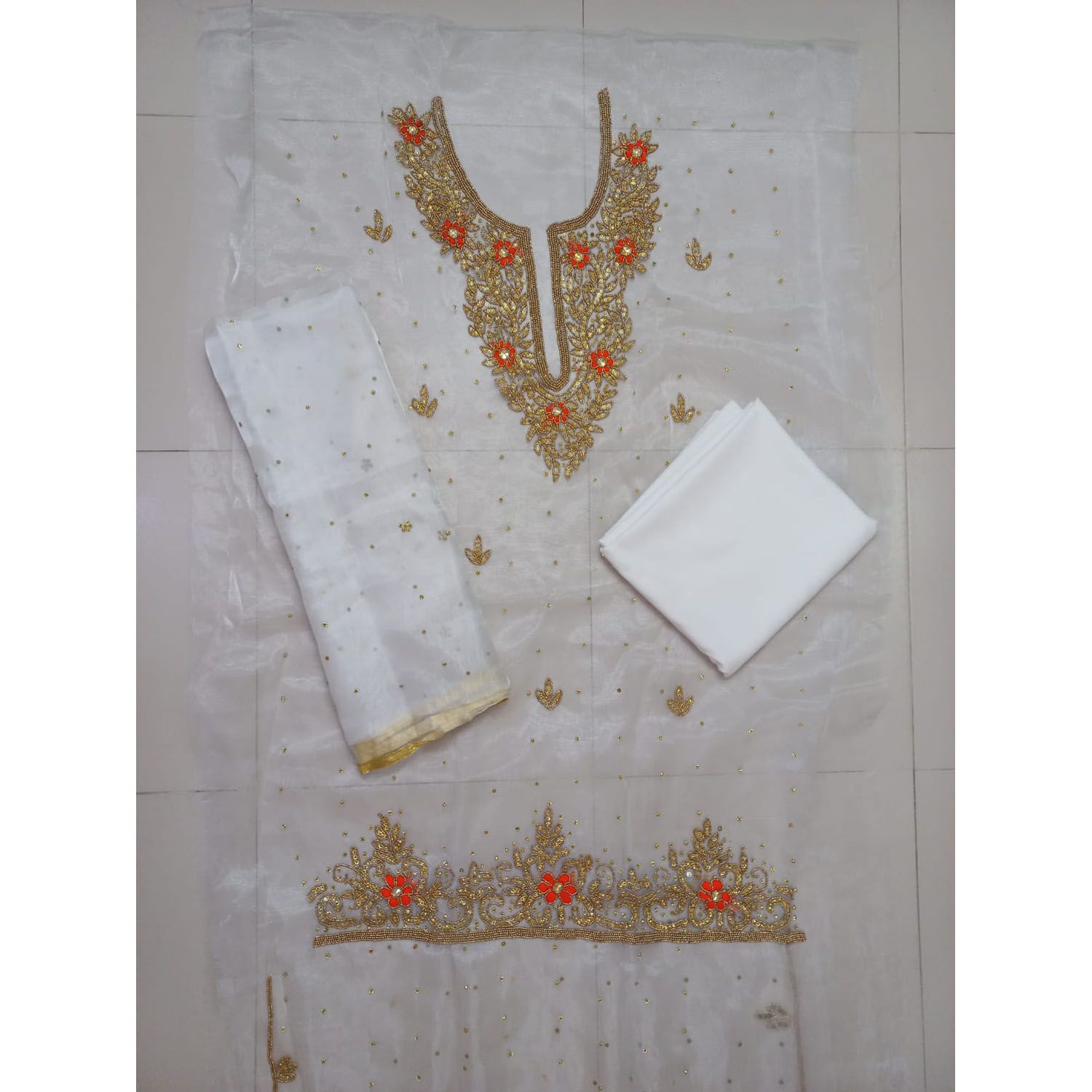 Unstitched Tissue Fabric Karchupi Work Dress For Women (4 Piece)