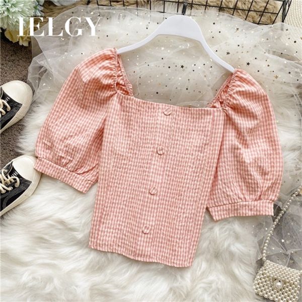 IELGY Square Collar Plaid Puff Sleeve Shirt Temperament Fresh Short Short Waist Top Summer
