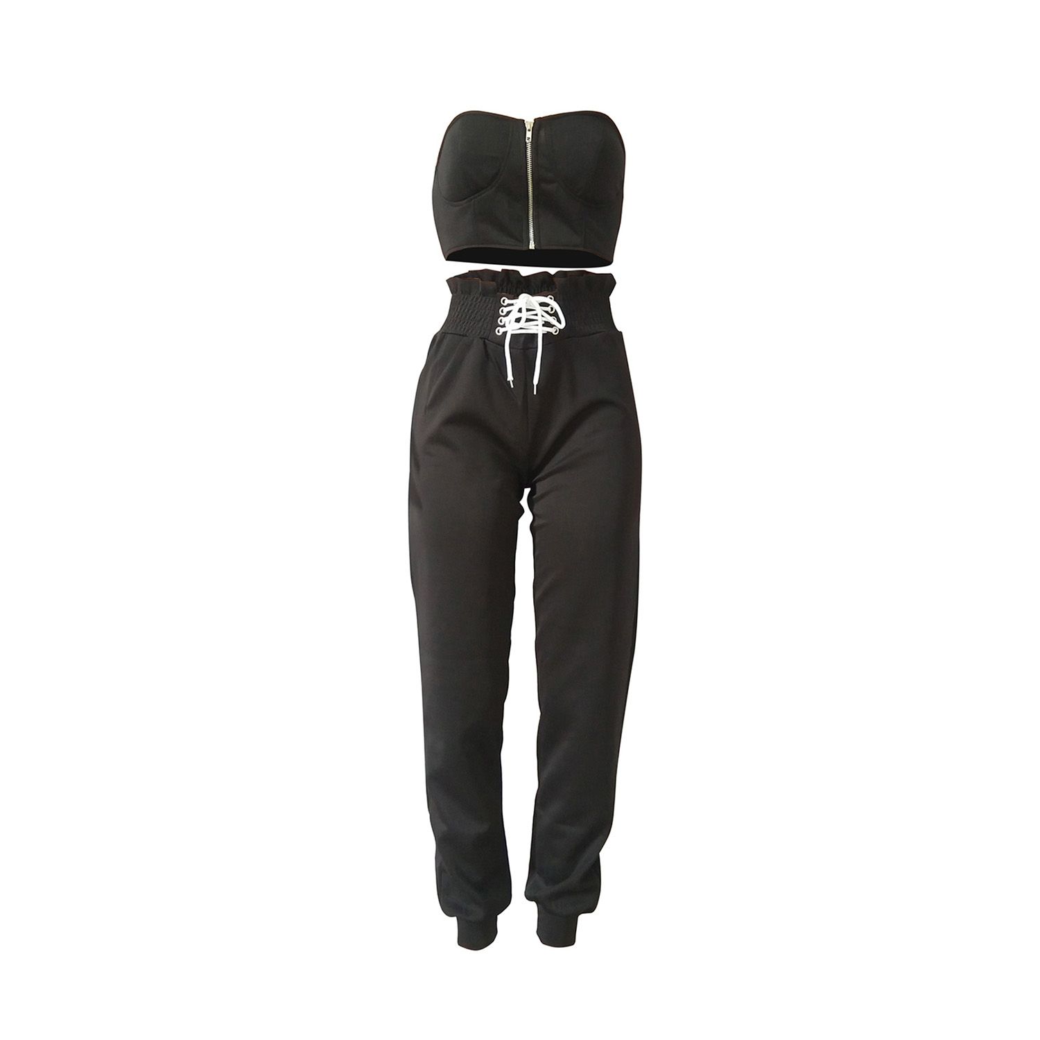 2021 2 Pieces Suit Set, Women’ s Solid Color Sleeveless Strapless Crop Top+ Long Pants, S/M/L/XL/XXL