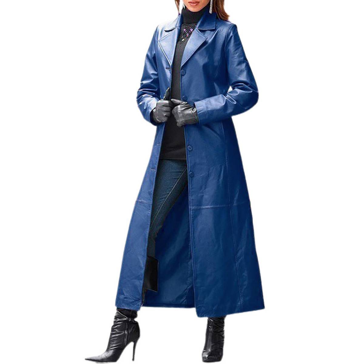 Women Autumn Winter Solid Color Faux Leather Long Slim Wind Coat Windbreaker