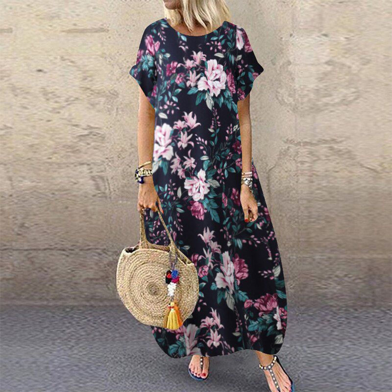 S ZANZEA Summer Bohemian Sundress 2021 Women Party Long Dress Casual Vintage Short Sleeve Floral Printed Vestido Female Robe