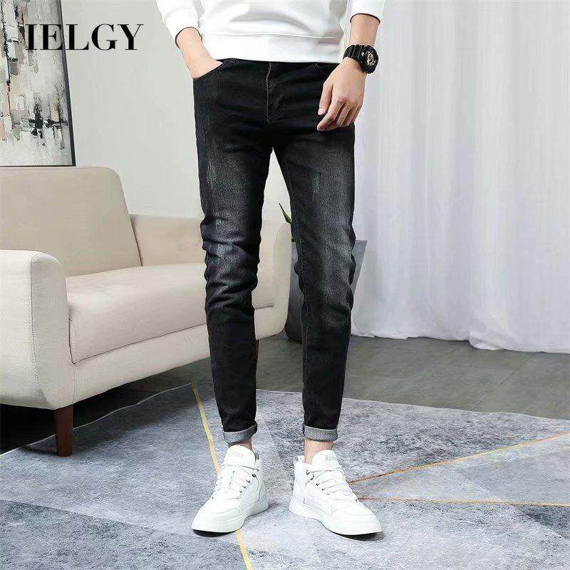 IELGY Korean Style Men's Denim Trousers Slim Fit Letter Print