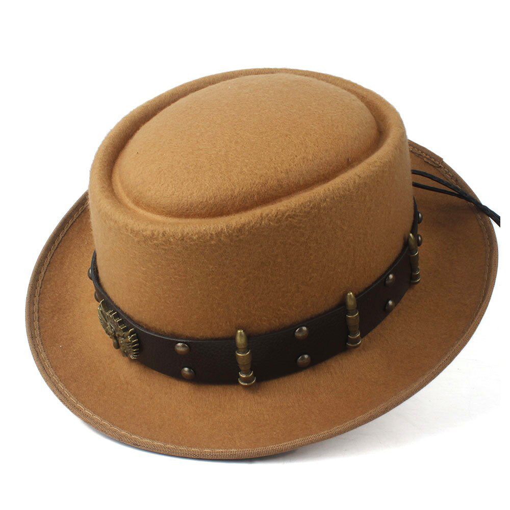 Pie Hat for Men Women with Punk Belt Fashion Wool Fedora Trilby Fascinator Hat Pop Church Hat Size 58CM