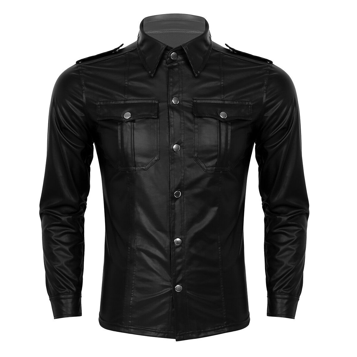 Fashion Men Formal Shirt Trend Wet Look Patent Leather Turn-down Collar Long Sleeve Button Down Slim Fit Nightclub Shirts
