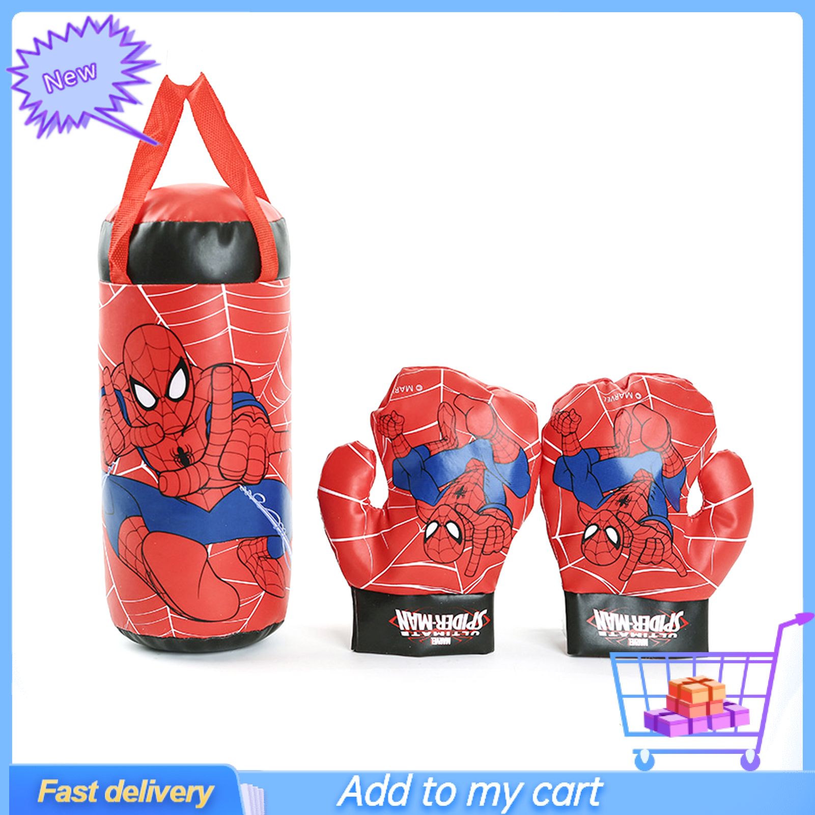 Boxing Toy Set Spiderman Printing Stress Relief PVC Decompression Punching Bag Gloves for Children