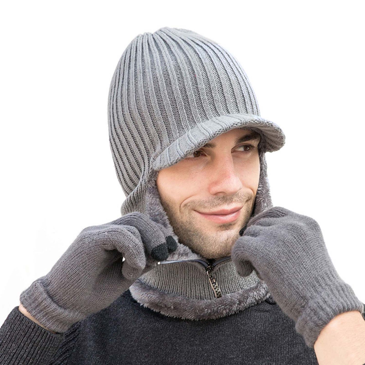 Fleece Lining Gloves Washable Male Beanies Hats Knitted Gloves
