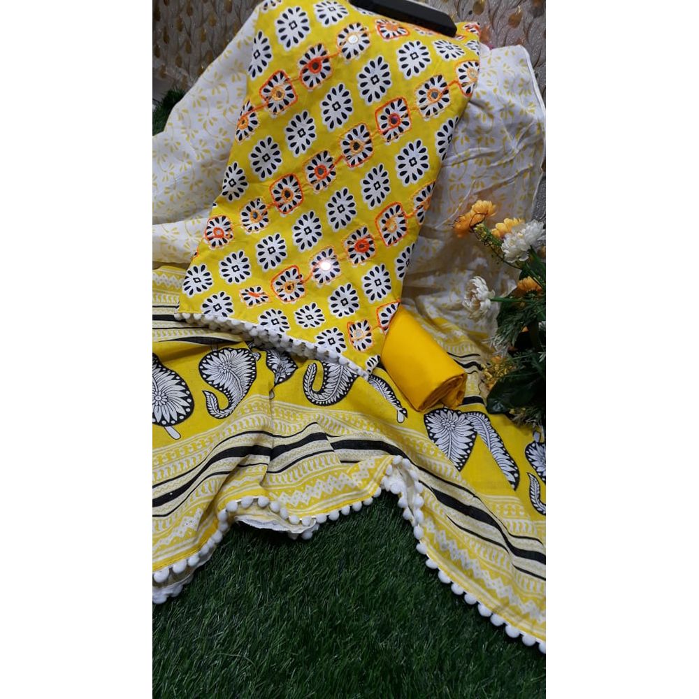 Unstitched Uncommon Screen And Block Printed Cotton Salwar Kameez
