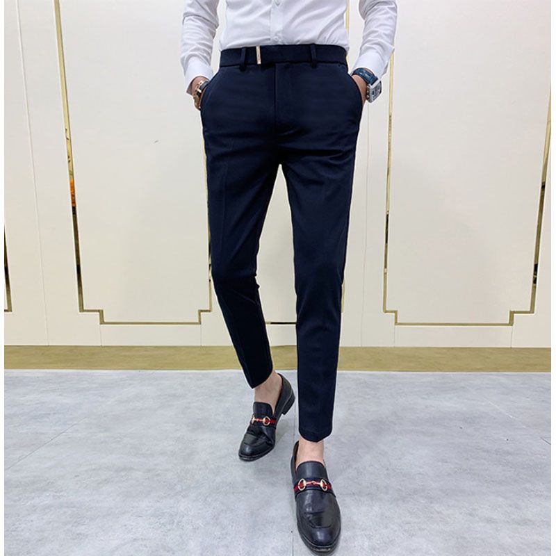 2020 Men's Spring Solid Color Suit Pants Fashion Business Casual 9 Points Pants Suit Pants Men's Elastic Straight Formal Pants