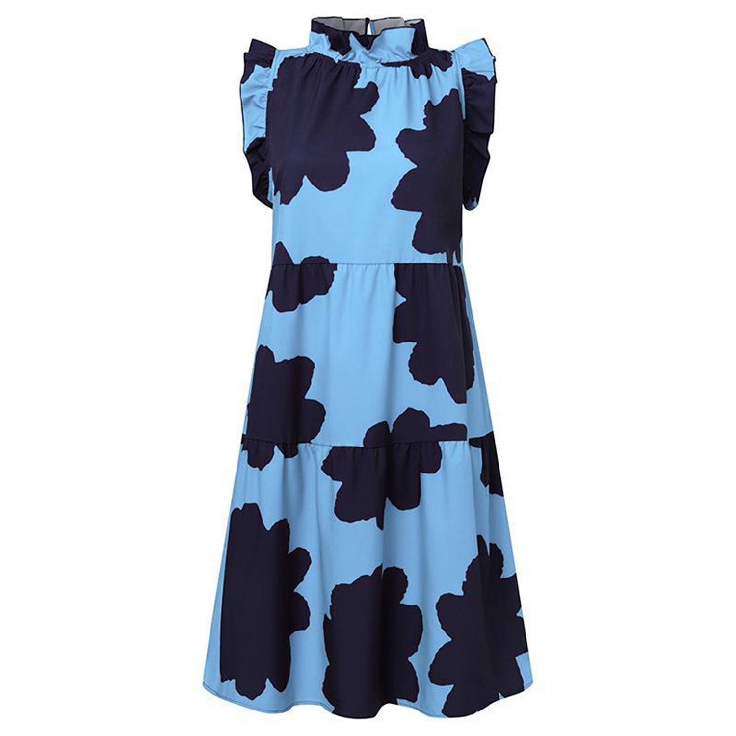 Women Midi Dress Chic Print Doll Collar Large Hem Sleeveless Dress for Dating