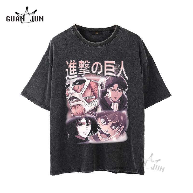Anime Death Printed T Shirt Men Retro Washed 100% Cotton Tops Tees Harajuku Tshirt Streetwear Hop Male T-shirts