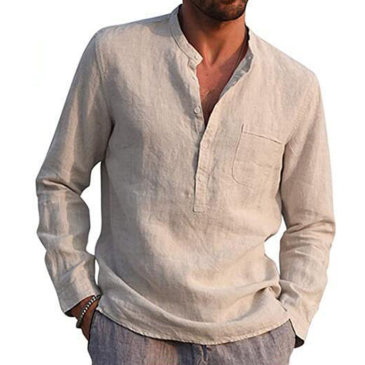 Men Solid Color V Neck Long Sleeve Button Pocket T-shirt Top Polyester Shirt