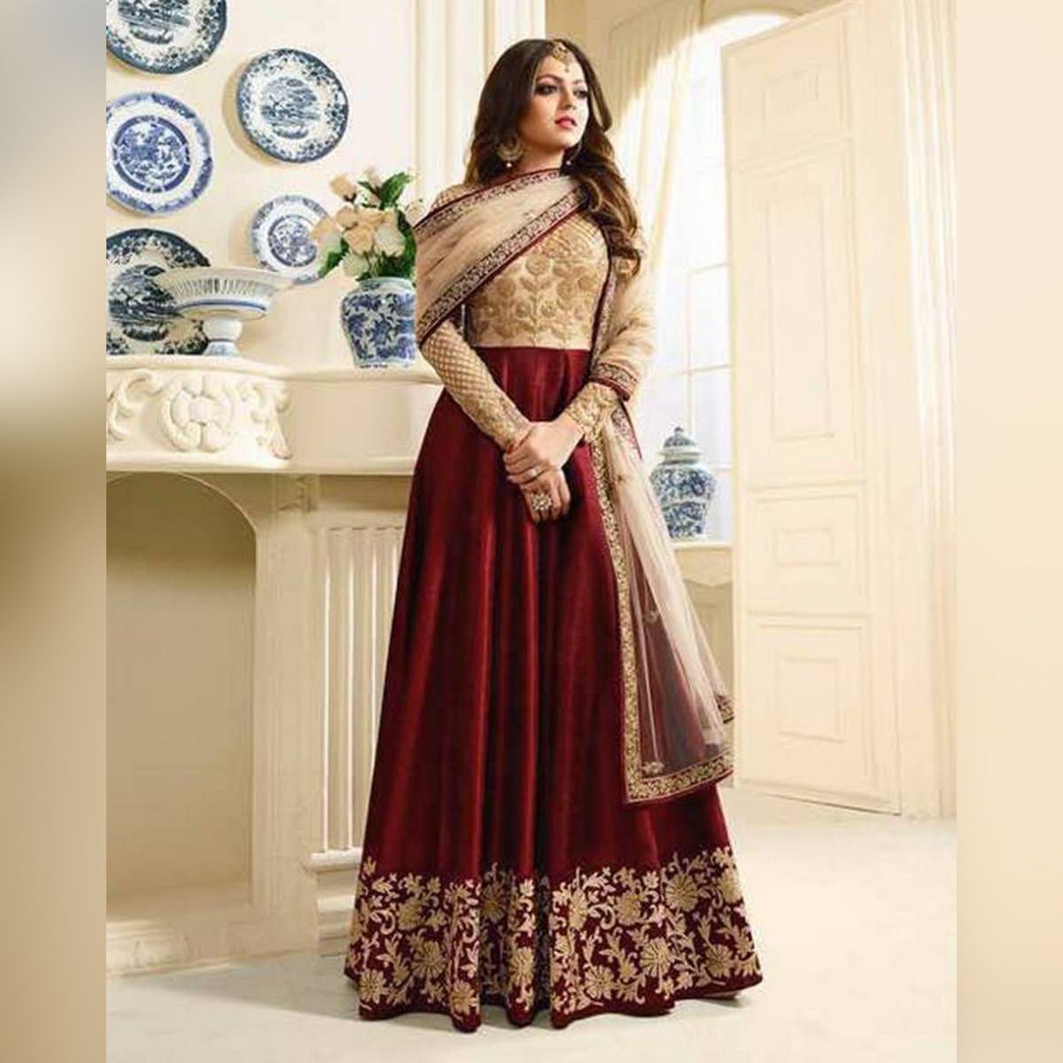 Dark Maroon and Cream Georgette Semi Stitched Gown