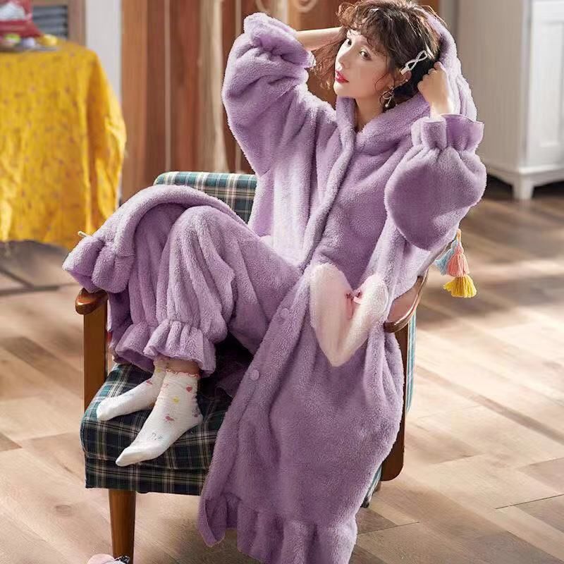 Flannel Winter Warm Homewear Long Sleeve Hooded Pajamas Set  For Women Thick Warm Lovely Bunny Ears Female Pyjamas Sets