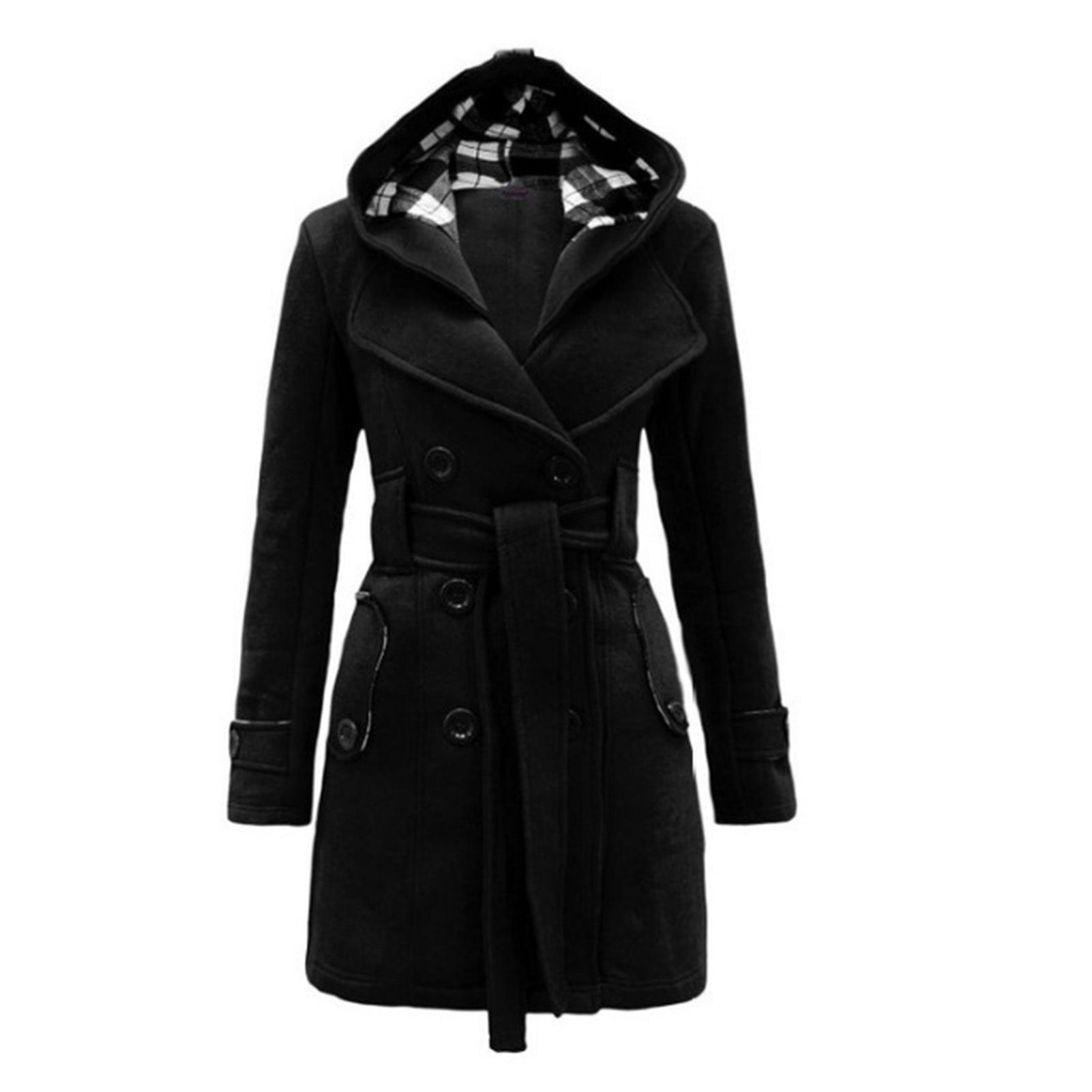 Woolen Coat Slim Fit Plaid Hooded Double-Breasted Woolen Coat