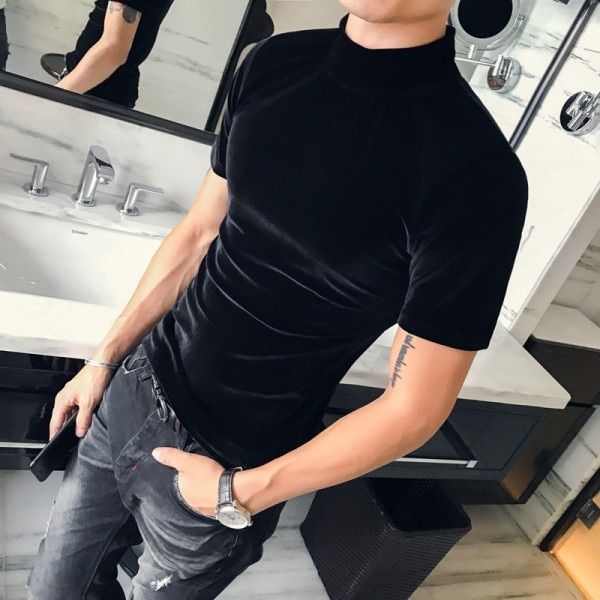 Autumn Winter T Shirt Men Fashion Turtleneck Streetwear Mens T-Shirts Short Sleeve Velvet Tee Shirt Homme 3XL
