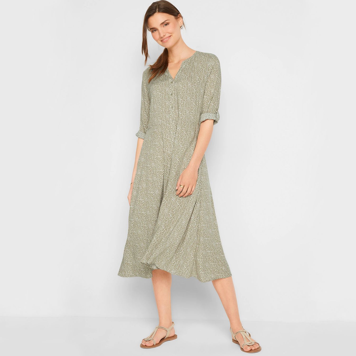 Dot Printed Viscose Long Sleeve Ladies Long Top (OLIVE/BLACK/LONG/CT-38) - Blouse For Women