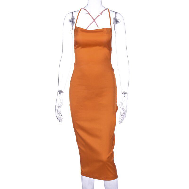 Dulzura neon satin lace up summer women bodycon long midi dress sleeveless backless elegant party outfits club clothes