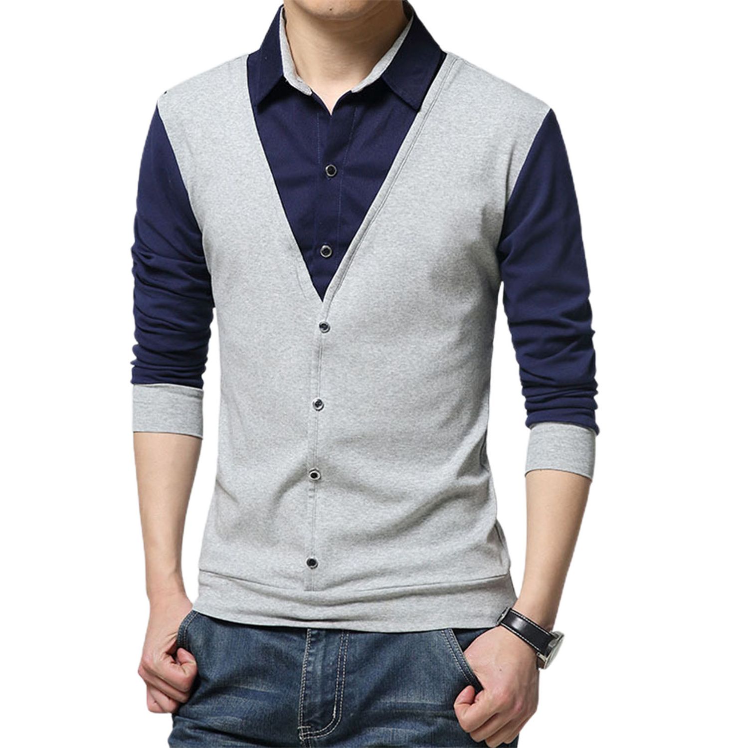 Pullover Shirt Patchwork Color Slim Buttons Neck Work Pullover Top