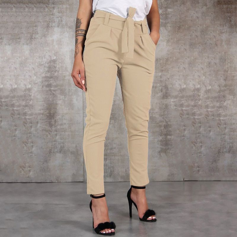 High Waist Solid Pants Women Summer Casual Lace Up Harem Pants Female Loose Pockets Classic OL Trousers Slim Pants Chic