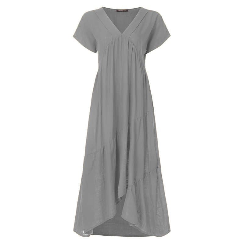 Bohemian Summer Womens Sundress ZANZEA Fashion V Neck Midi Vestidos Female Solid Ruffle Dresses Asymmetrical Robe