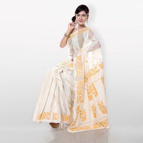 White  Pure  Anndy  Silk  With  Hand  Embroidery  Saree  For  Women