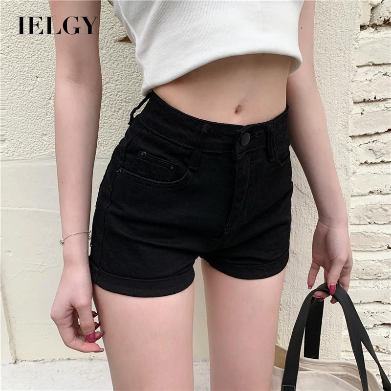 IELGY solid color tight high waist fashion Women's denim shorts stretch casual summer black