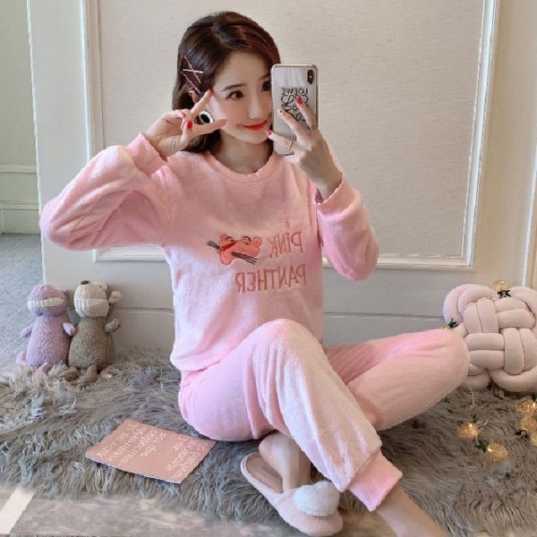 Women Pajamas Winter Thermal Thick Sleepwear Cute Cartoon Print Plush Flannel Warm Underwear Sets Indoor Clothes Plus Size
