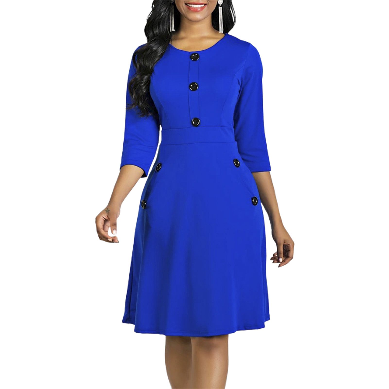 ni Dress Three Quarter Sleeve Pure Color Crew Neck Dress
