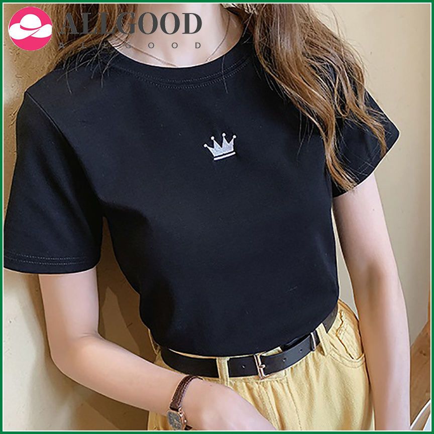 Short sleeve women's wear with comfortable, light and loose fit, solid round neck cartoon