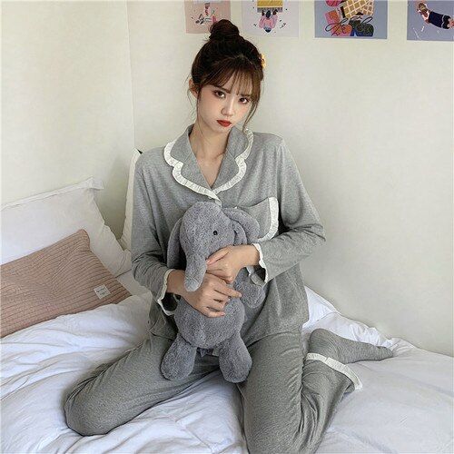 Women Pajama Sets Plus Size 3XL Patchwork Lace Side-slit Turn-down Collar Homewear Female Simple Korean Style Soft Sleeping Wear