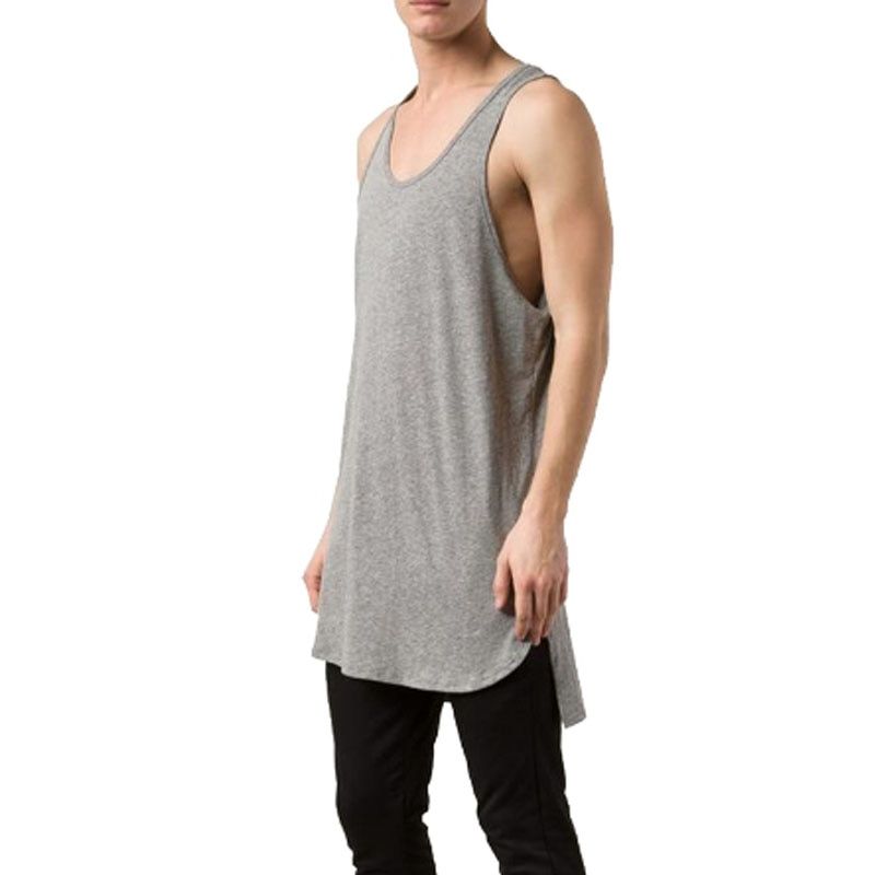 Summer men cotton long tatop side split street hop undershirt man black white gray casual sleeveless shirt gym vest